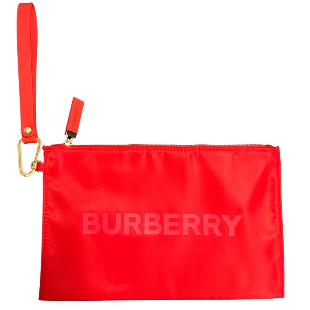 NEW Burberry Red Orange Satin Nylon Wristlet Pouch